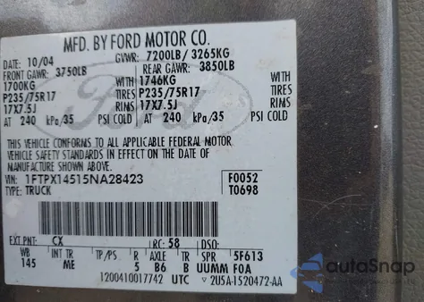 2005 Ford F-150 Fx4/Lariat/Xl/Xlt из США, поврежденный, VIN 1FTPX14515NA28423